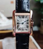 Replica Cartier Anglaise Tank Silver Roman Dial Rose Gold Black Leather Strap